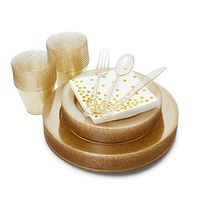 Glitter Gold Plastic Dinnerware Set 175 pieces - Disposable Kitchenware Dinner Plates and Utensils - Bulk Plasticware for Wedding, Party - Silverware including Forks, Knives, Spoons, Cups for Table