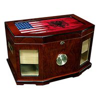 Large Premium Desktop Humidor - Glass Top - Flag of Albania (Albanian) - Wood with USA Flag - 300 Cigar Capacity - Cedar Lined with Two humidifiers & Large Front Mounted Hygrometer.