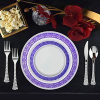 Set of 32 Disposable Dinner Plates Bundle Combo | Premium Quality Firm White Plastic | Elegant Silver on Blue Designed Rims | Bulk Qty 16x 10.25'' Dinner Plates + 16x 7.25'' Salad Plates