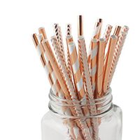 SSORA Disposable Biodegradable Paper Drinking Straws Foil Rose Gold Striped Chevron Solid Pack of 150