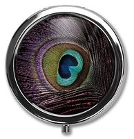 BeeGogo - Peacock Feather Custom Round Silver Pill Box Pocket 2.1 inches Medicine Tablet Holder Organizer Case for Purse