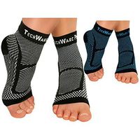 TechWare Pro Ankle Brace Compression Sleeve - Relieves Achilles Tendonitis, Joint Pain. Plantar Fasciitis Sock with Foot Arch Support. 2 Pair Bundle Black & Blue S/M Size