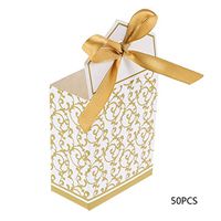 Xiaolanwelc@ 50pcs Gift Box Candy Cake Box with Ribbon Favors Lovely Packaging Bag Wedding Party (Gold)