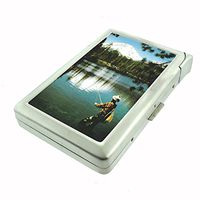 Perfection In Style Metal Cigarette Case with Built in Lighter Vintage Fishing Design 002