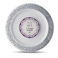 [40 Count - 7 Inch Plates] Laura Stein Designer Tableware Premium Heavyweight Plastic White Appetizer - Salad Plates With Silver Border, Party & Wedding Plate, Lace Series, Disposable Dishes