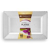 [10 Count - 12 Inch Plates] Rectangulete Hexagons Designer Tableware Heavyweight Plastic Clear Rectangle Luncheon Plates With Designed Border, Party & Wedding, Event Disposable Dishes
