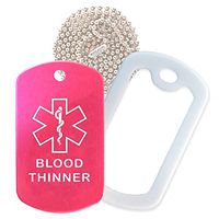 Blood Thinner Medical Alert ID Necklace with Pink Hot Tag, White Silencer, and 30'' USA Chain - 154 Color Choices