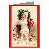 Twelve 3.5x5 Vintage Holiday Note Cards In A Boxed Set Of Girl Carrying A Merry Christmas Tree In A White Snow Suit