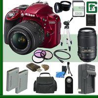 Nikon D3300 CMOS DSLR Camera with 18-55mm VR II Lens (Red) + Nikon 55-300mm f/4.5-5.6G ED VR AF-S DX Lens + 32GB + Green's Camera Bundle