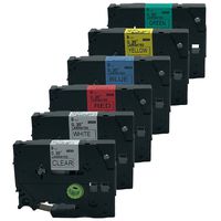 QPMY 6 Pack Compatible for Brother P-Touch Laminated TZe TZ Label Tape Width 3/8"x Length 26.2' 9mm x 8m (Set of Black Print on 6 Colors)