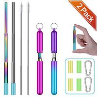 Collapsible Straw - Comvin Metal Reusables Stainless Steel Telescopic Portable Drinking Travel Straws with Aluminum Case and Washing Brush for Cold or Hot Drinks, 2 Pack Rosy/Mint Purple