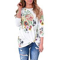Beihxwe Womens Tunic Blouse Tie Knot Tops Loose Long Sleeve Floral Print Plain Casual Blouses Tops for Ladies (XL, White)
