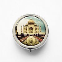 RhyNSky India Taj Mahal Mini Portable Pocket Pill Box Case Holder for Purse, 3 Compartments, Silvery, FS547