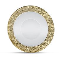 [32 Count - 5 Oz Bowls] Laura Stein Designer Tableware Premium Heavyweight Plastic White Dessert Bowl With Gold Designed Border, Party & Wedding Plate Glitz Series Disposable Dishes