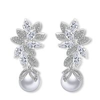 Goober Liu Pearl Leaf Modeling Fashion Crystal Earrings,Zircon-Gemstone Eardrop, 1 Pair (White)