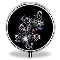 Compact 3 Compartment Medicine Case, IMLONE Customized Crystal Butterflies Pill Organizer Metal Pill Box Pill Container for Purse, Travelling and Daily Needs