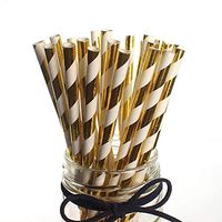 LAAT 25Pcs Paper Straws Stripe Drinking Paper Straws Pack Biodegradable Straws Party Home Decoration for Birthday, Wedding,Halloween, Christmas, Celebration Parties (Golden)
