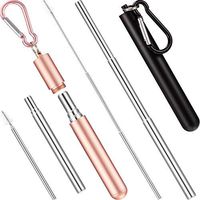 Portable Reusable Drinking Straws Telescopic Stainless Steel Metal Straw with Cleaning Brush, Stainless Steel Carrying Case and Keychain (2 Set, Rose Gold, Black)