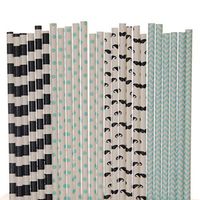 Biodegradable Paper Straws Mix, Light Blue Mustache Little Man, Light Blue Black, Striped Polka Dot Chevron Mustache (50)