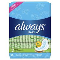Always Maxi Size 2 Super Pads with Wings Unscented, 60 Count