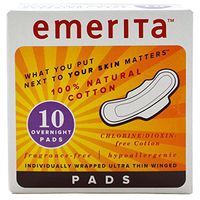 Emerita Feminine Hygiene Products Ultra Thin Pads, Overnight with Wings 10 count Natural Cotton Pads (a)