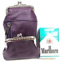Women's Genuine Leather Cigarette Case Coin Purse Double Twist Clasp Closure Zipper Pocket- Purple