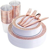 175 Pieces Rose Gold Disposable Plates with Plastic Silverware and Rose Gold Cups, Elegant Laced Plastic Plates, Include: 25 Dinner Plates 10.25", 25 Salad Plates 7.5", 25 Cups , 50 Forks, 25 Knives,