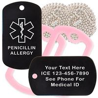 Custom 2 Pack - Penicillin Allergy Medical Alert ID Necklaces with Black Custom Tags, Pink Silencers, and 30'' USA Chains