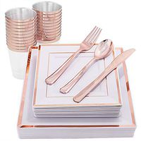 IOOOOO 150 Pieces Rose Gold Plates & Disposable Silverware & Cups, Premium Plastic Square Dinnerware Include: 25 Dinner Plates, 25 Dessert Plates, 25 Forks, 25 Knives, 25 Spoons, 25 Tumblers 10 OZ