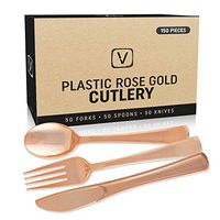 150 pcs Sturdy Rose Gold Silverware Set| Rose Gold Plastic Silverware for Black Tie Events, Wedding Receptions & Parties| Rose Gold Forks, Knives & Spoons| Disposable Rose Gold Cutlery With No Cleanup