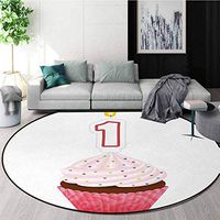 1St Birthday Modern Washable Round Bath Mat,Kitchen Cuisine Inspired Pastry Delicious Cupcake Party with Candle Non-Slip Bathroom Soft Floor Mat Home Decor Round-63 Inch,Hot Pink and White