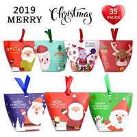 Christmas Candy Boxes, 35pcs of 7 Patterns（Santa/Reindeer/Christmas Tree）3D with Small Label and Gift Cord，Cute Box for Chocolate, Treats, and Cookies