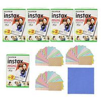 Fujifilm Instax Mini Instant Film, 2x10 Shoots x5 Pack (Total 100 Shoots) + withC Microfiber Cleaning Cloth+ Free 60PCS Sticker for Fuji Mini 90 8 70 7s 50s 25 300 Camera SP-1 Printer