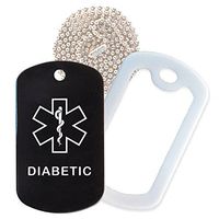 Diabetic Medical Alert ID Necklace with Black Tag, White Silencer, and 30'' USA Chain - 154 Color Choices