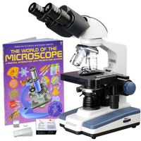 2500X LED Lab Binocular Compound Microscope w 3D-Stage, Book & Blank Slide Set