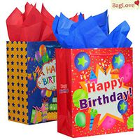 BagLove Large Birthday Gift Bags with Tissue Paper for Kids (2 Pack) 10.5" x 13" x 5.5" Bright and Colorful Birthday Gift Bags for Boys of All Ages