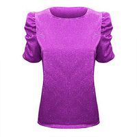 Eoeth Blouse Shirts for Women Fashion Long Sleeve Solid Sequin Stand Collar Puff Sleeve Tops Pullover T-Shirts Tracksuits Hot Pink