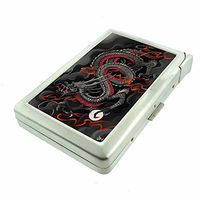 Cigarette Case with Built in Lighter Vintage Japanese Dragon Art S6 Smoking King Size Cigarettes Silver Metal Wallet 4" X 2.75" RFID Protection
