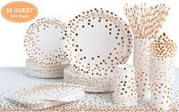 251PCS Gold Disposable Paper Plates Dinnerware Set with 50 Dessert Plates 50 Dinner Plates 50 9oz Cups 50 Straws 50 Napkins 1 Tablecloth Wedding Birthday Baby Shower party supply