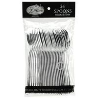 Plastic Cutlery Silverware Extra Heavyweight Disposable Flatware, Full Size Plastic Spoons Like Silver 24 Pack