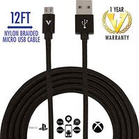 Micro USB Cable [12 FT] - by vCharged, Black Micro USB Charger Nylon Braided for Samsung S7, Kindle Fire Charger, Alexa, HTC, LG, Windows, Android Smartphones w/ 1 Year Warranty