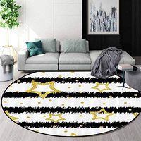 RUGSMAT House Decor Area Rugs Ring 3D Non-Slip Rug,Golden Stars and Dots On Striped Pattern Party Celebration Theme Living Room,Bedroom,Desk/Chair Mats,Round,Diameter-31 Inch Black White Gold