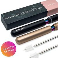 Eco-Pals | 2 pack rainbow reusable stainless w straw with case | stainless steel straw case | metal straws with case | Foldable Straw | Dishwasher Safe | +2 Straw Cleaning Brush (Rose Gold & Black)
