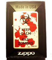 Zippo Custom Lighter - Keep Calm and Kill Zombies Bloody Blood Splatter Biohazard Logo White Matte Finish Rare!