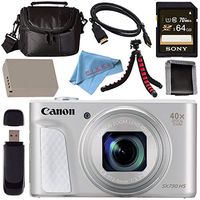 Canon PowerShot SX730 HS Digital Camera (Silver) #1792C001 + NB-13L Lithium Ion Battery + Sony 64GB SDXC Card + Micro HDMI Cable + Carrying Case + Memory Card Wallet + Flexible Tripod Bundle