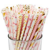 Just Artifacts 8 Pattern Assorted Pink & Gold Decorative Paper Straws 100pcs (Color: Pink & Gold 2)