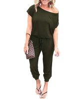 PRETTYGARDEN Women Casual Short Sleeve One Shoulder Solid Waisted Long Jumpsuit Romper, 600089 Green, Medium