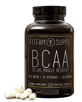 FitFam BCAA Capsules (120 Capsules) Branched Chain Amino Acid Supplement Reduce Muscle Soreness & Recovey Time Deluxe Muscle Recovery 2:1:1 Ratio + B Vitamins + Glutamine