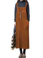 Festnight Womens Corduroy Suspender Skirt Mini Bib Loose Overall Dress with Pocket Coffee