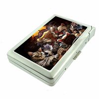 Cigarette Case with Built in Lighter Funny Smoking Cats Playing Cards Animal S5 Smoking King Size Cigarettes Silver Metal Wallet 4" X 2.75" RFID Protection Hilarious
